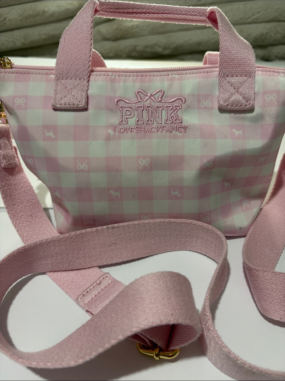 LoveShackFancy Pink Collab Mini Gingham Crossbody Bag
